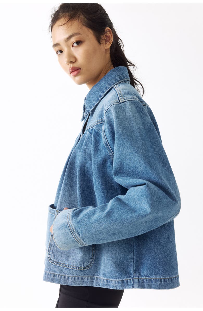 H&M Oversized Pleated Denim Jacket, Alternate, color, Light Denim Blue