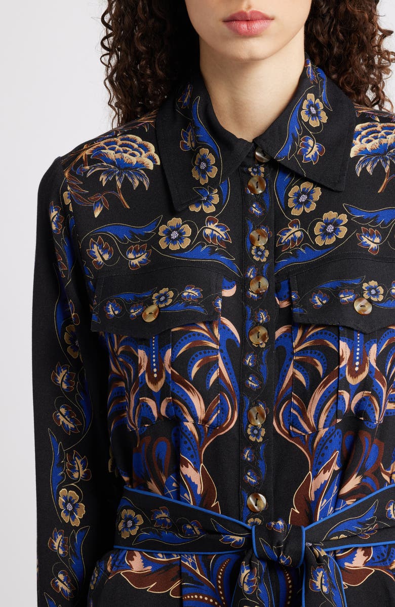 FARM Rio Arabesque Mix Scarves Long Sleeve Tie Belt Shirtdress, Alternate, color, Black