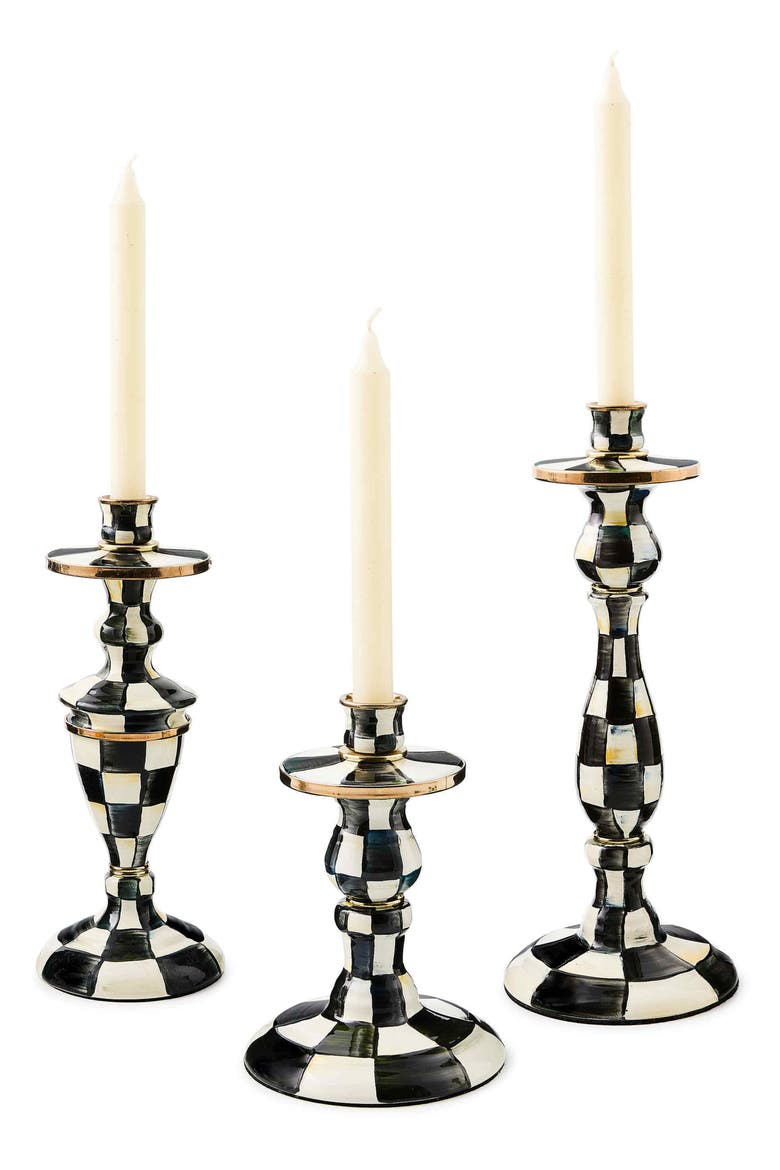 Courtly Check Medium Enameled Steel Candleholder, Alternate, color, BLACK/ WHITE