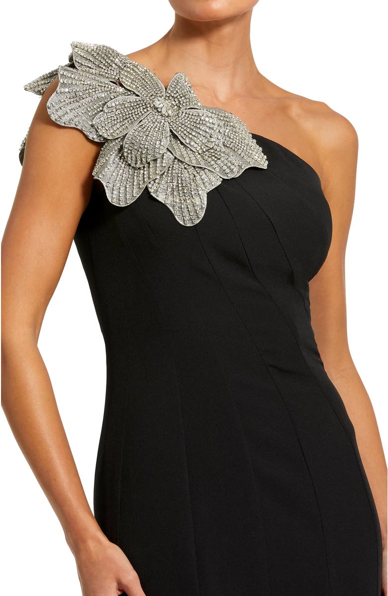 Mac Duggal Women's Crepe One Shoulder Gown With Flower Detail, Alternate, color, Black