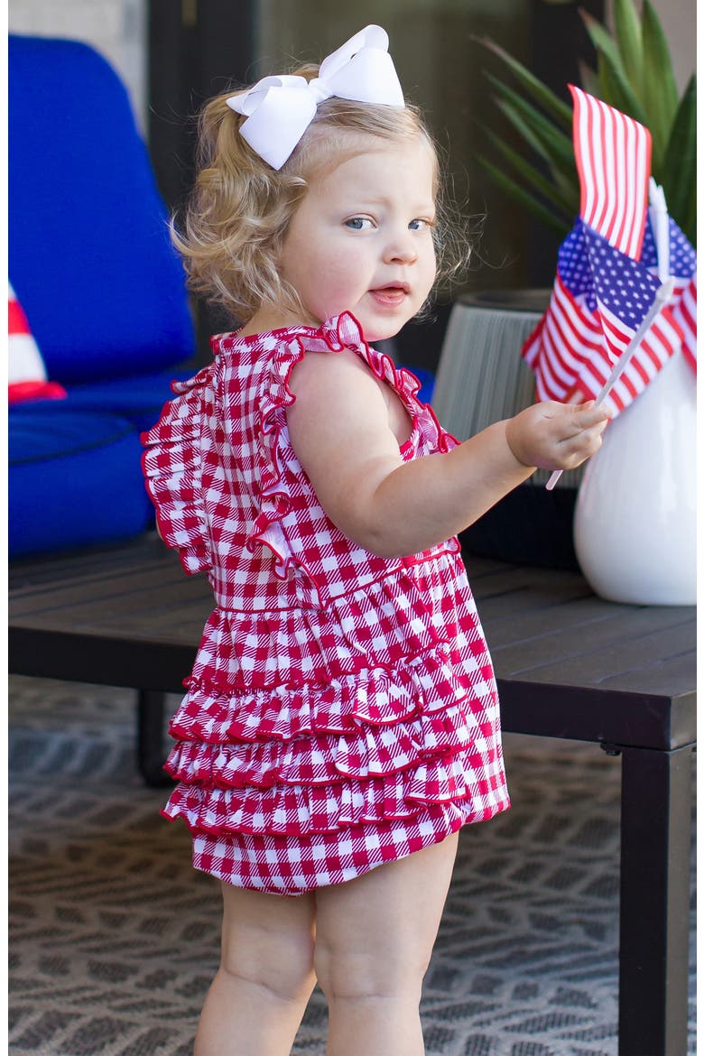 Gingham Cotton Ruffle Bubble Romper, Alternate, color, RED GINGHAM