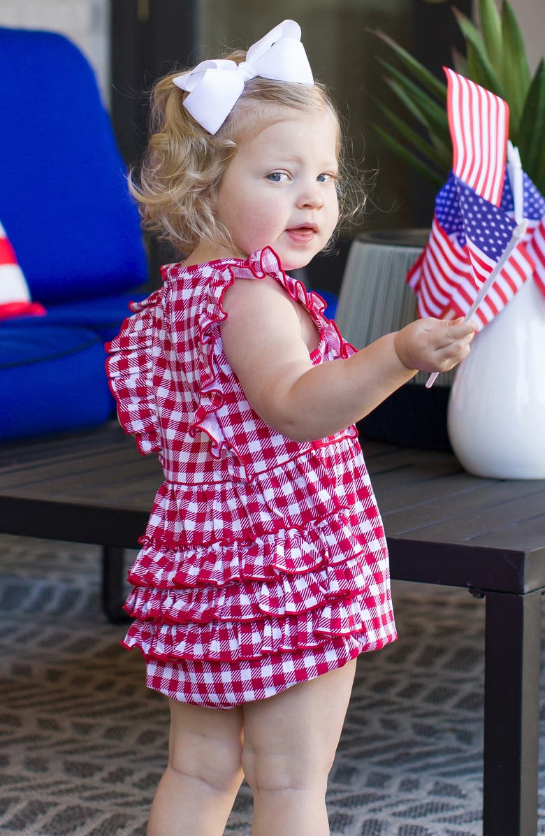 RuffleButts Gingham Cotton Ruffle Bubble Romper, Alternate, color, 