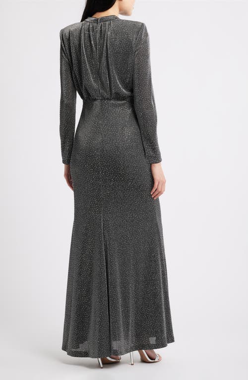 Vince Camuto Metallic Rhinestone Long Sleeve Mermaid Gown In Gray