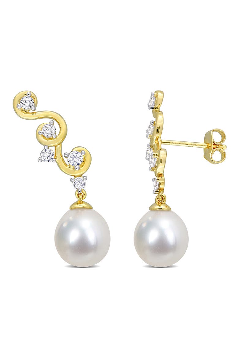 Created White Sapphire Swirl Bar 9-9mm Cultured South Sea Pearl Drop Earrings, Main, color, WHITE