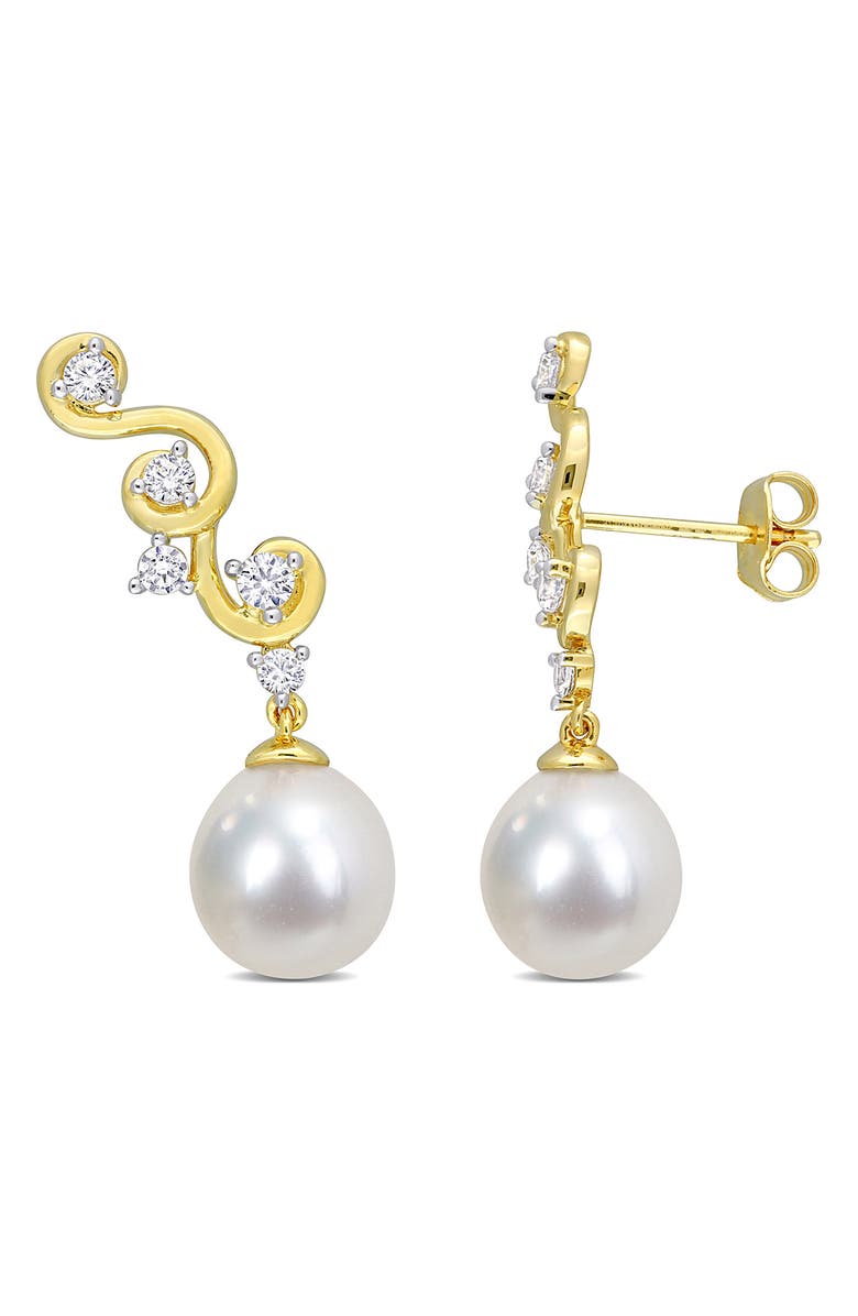 DELMAR Created White Sapphire Swirl Bar 9-9mm Cultured South Sea Pearl Drop Earrings, Main, color, White