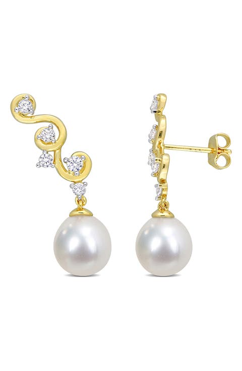 Created White Sapphire Swirl Bar 9-9mm Cultured South Sea Pearl Drop Earrings