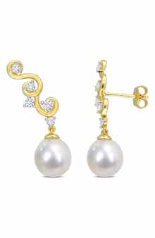 DELMAR Created White Sapphire Swirl Bar 9-9mm Cultured South Sea Pearl Drop Earrings