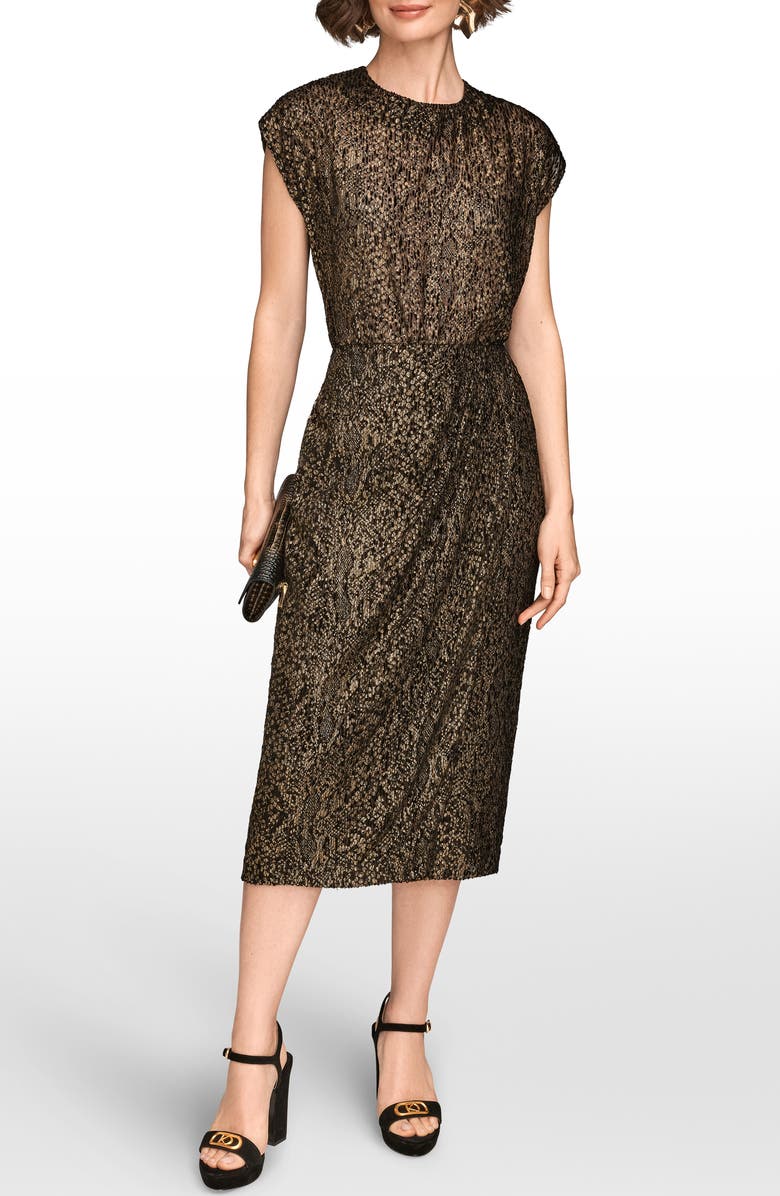 Donna Karan New York Metallic Burnout Faux Wrap Skirt, Alternate, color, Black/ Gold