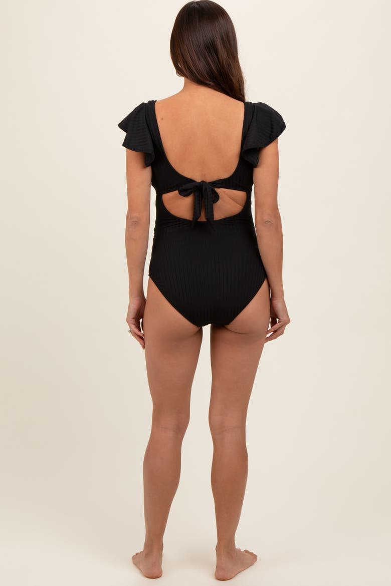 Ribbed Ruched Cutout Flutter One Piece Maternity Swimsuit, Alternate, color, Black