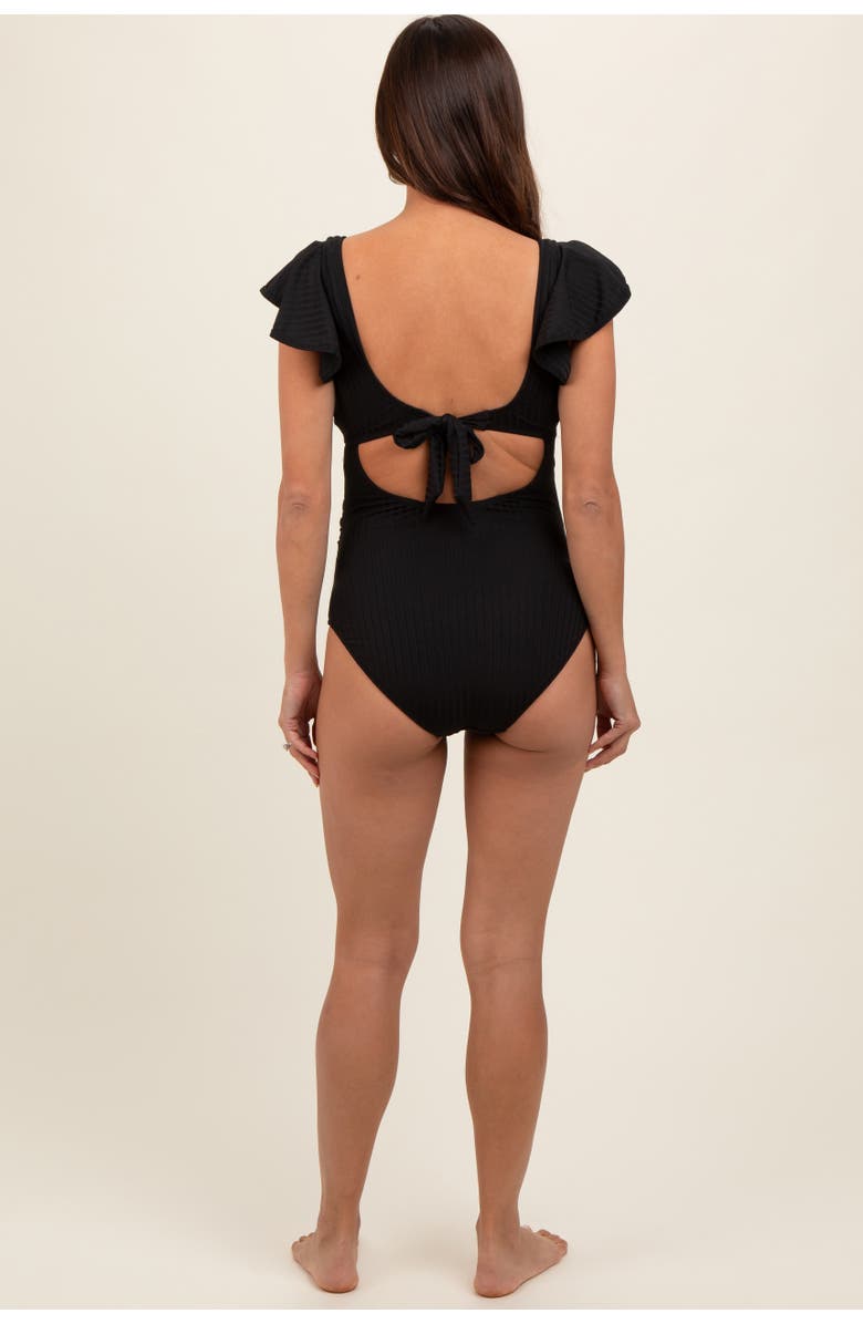 PinkBlush Ribbed Ruched Cutout Flutter One Piece Maternity Swimsuit, Alternate, color, Black