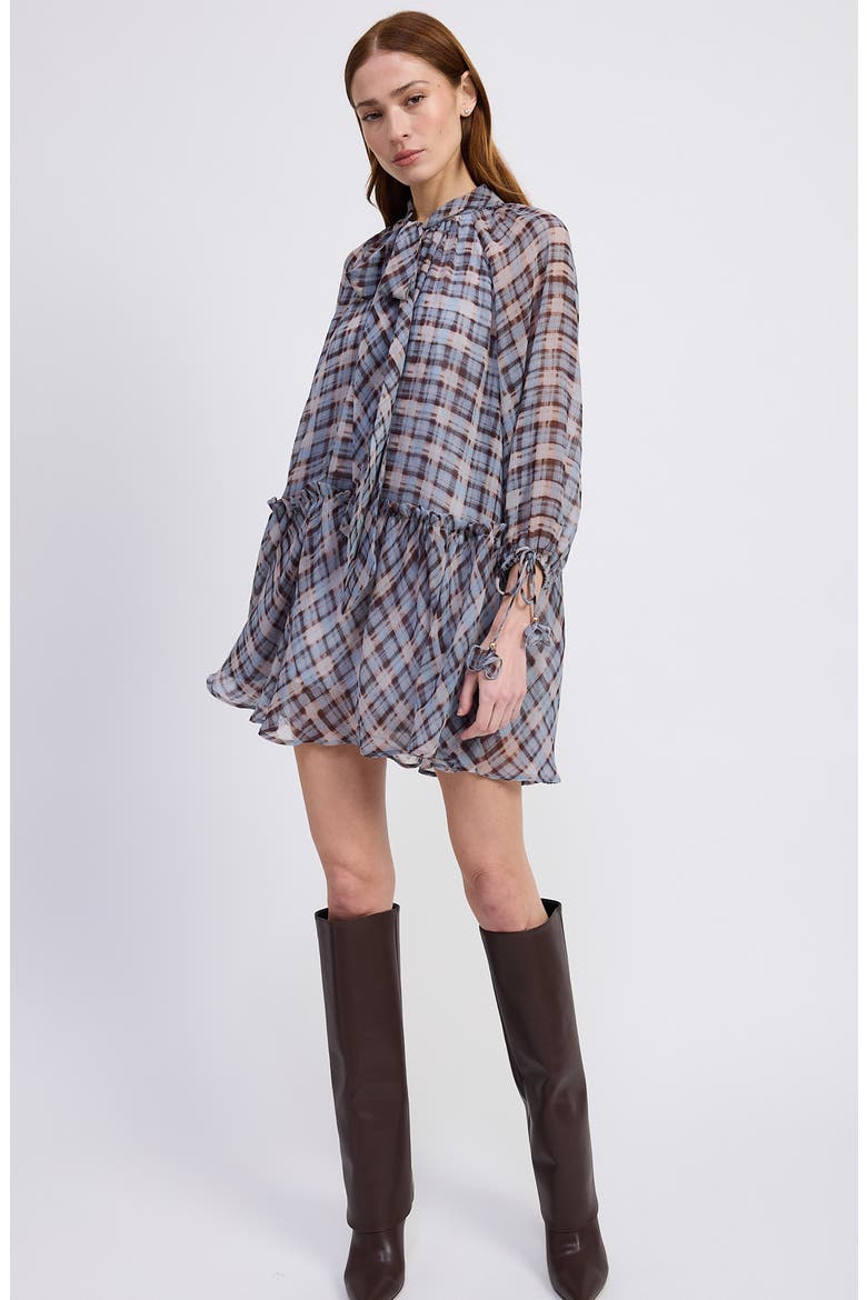 Briar Plaid Long Sleeve Minidress, Alternate, color, DUSTY BLUE BROWN
