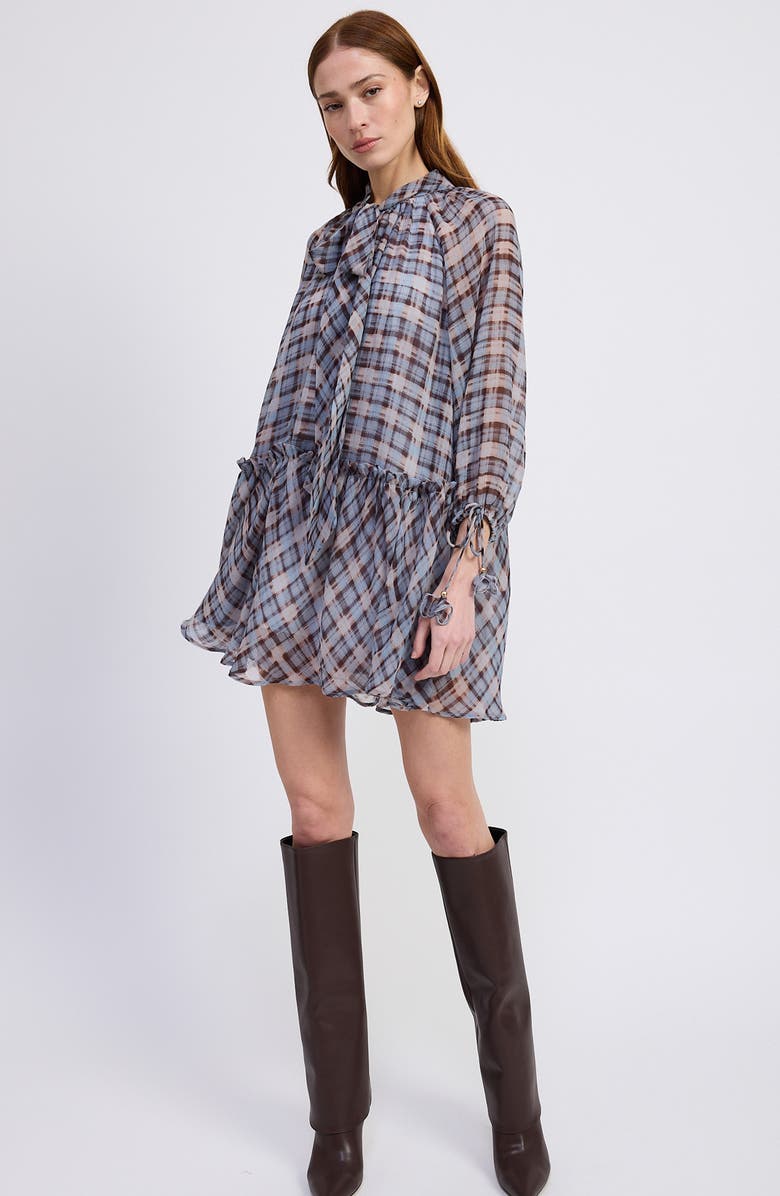 En Saison Briar Plaid Long Sleeve Minidress, Alternate, color, Dusty Blue Brown