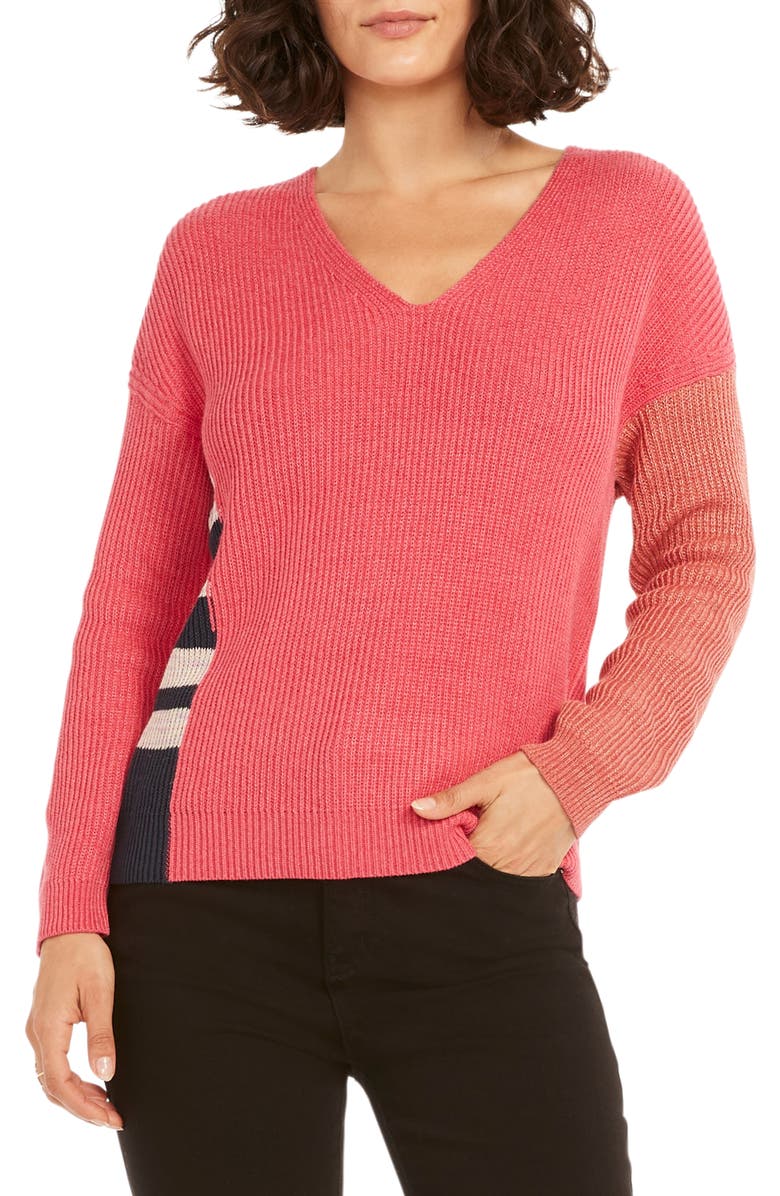 NIC+ZOE Colorblock V-Neck Rib Sweater, Main, color, Pink Multi