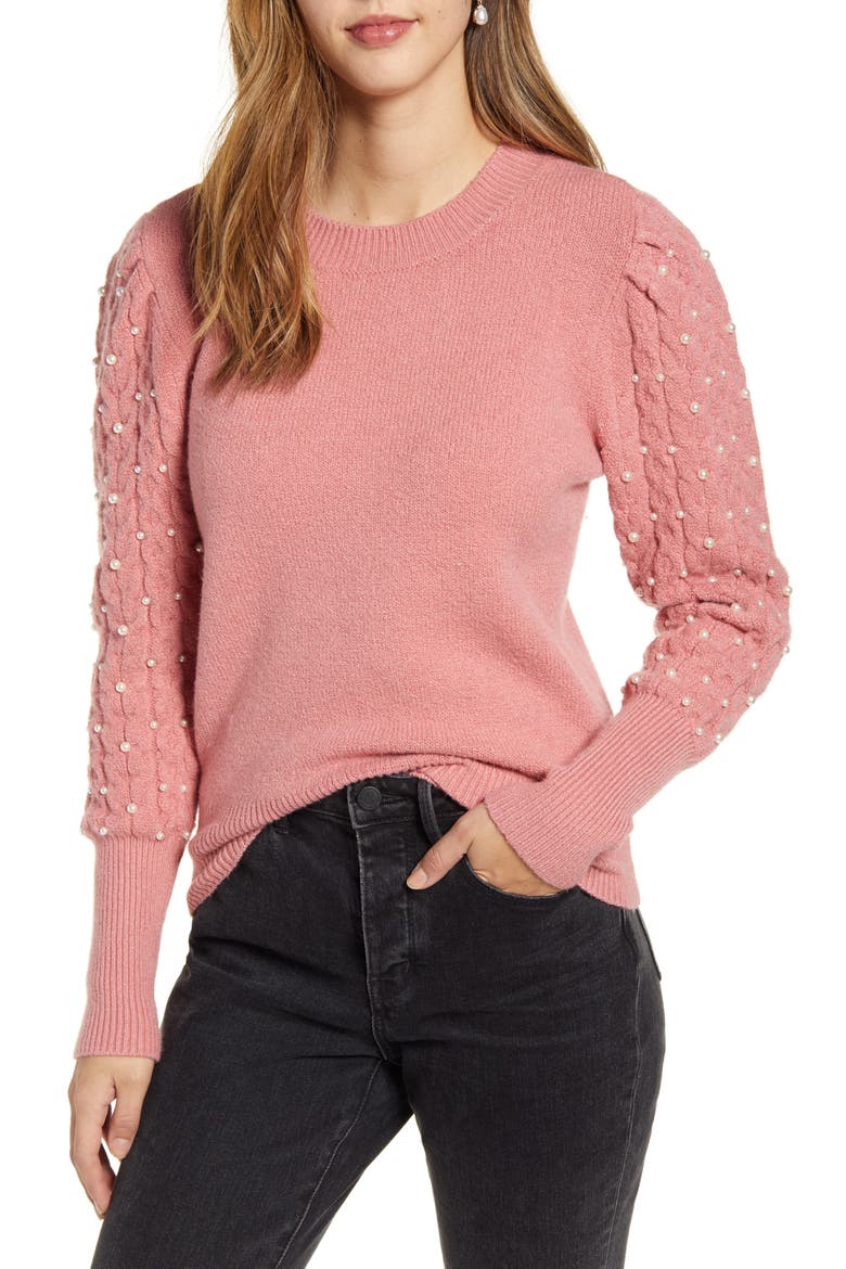 Imitation Pearl Embellished Puff Sleeve Sweater, Main, color, PINK COMPACT