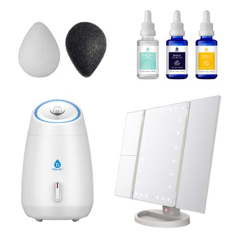 Tri-Fold Vanity Mirror, Pursonic Facial Steamer, Anti-Aging Serum Set & Konjac Sponge Duo