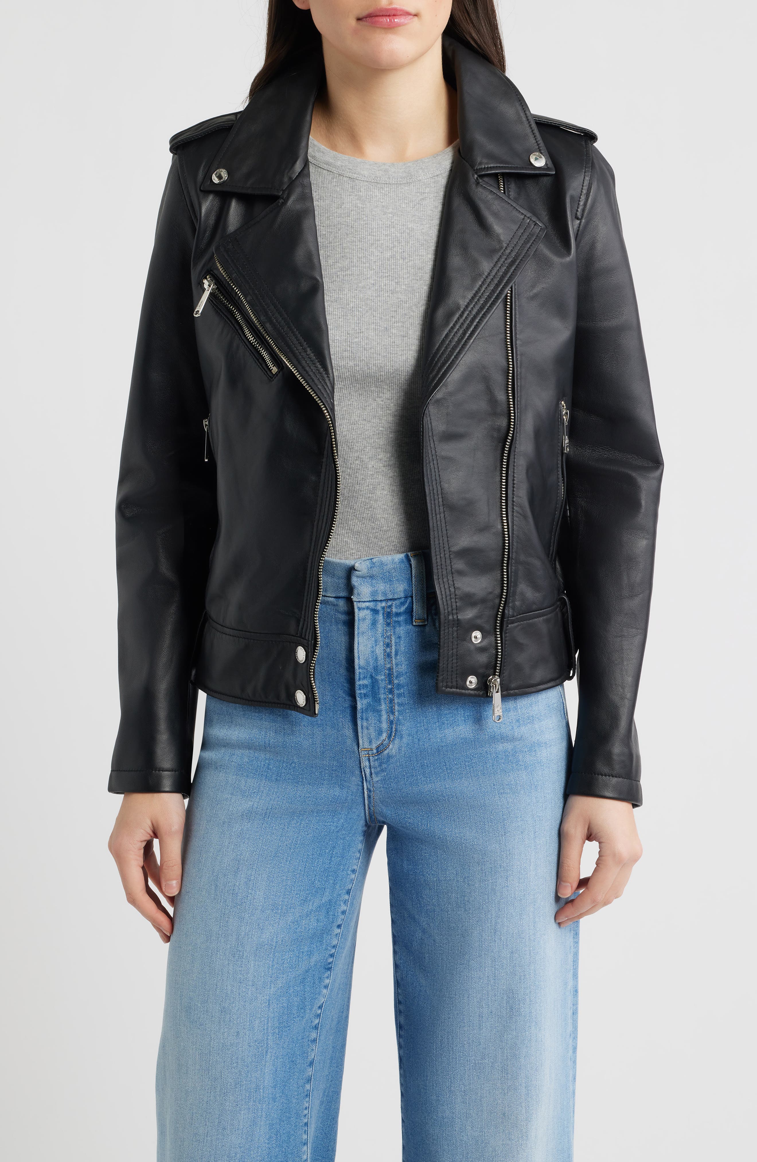 Trapunto Stitch Leather Moto Jacket