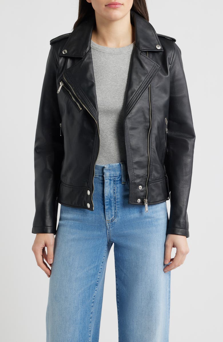 Sam Edelman Trapunto Stitch Leather Moto Jacket, Main, color, Black