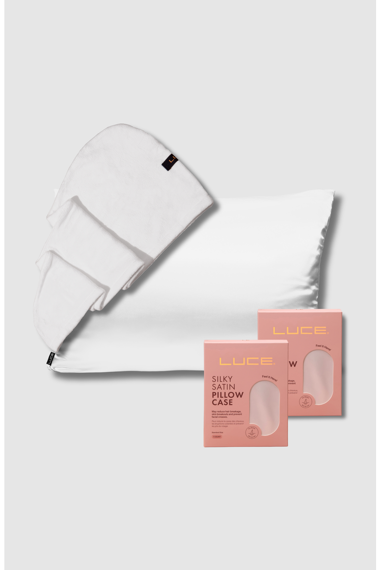 Silky Satin Pillowcases + Hair Towel Wrap, Main, color, WHITE