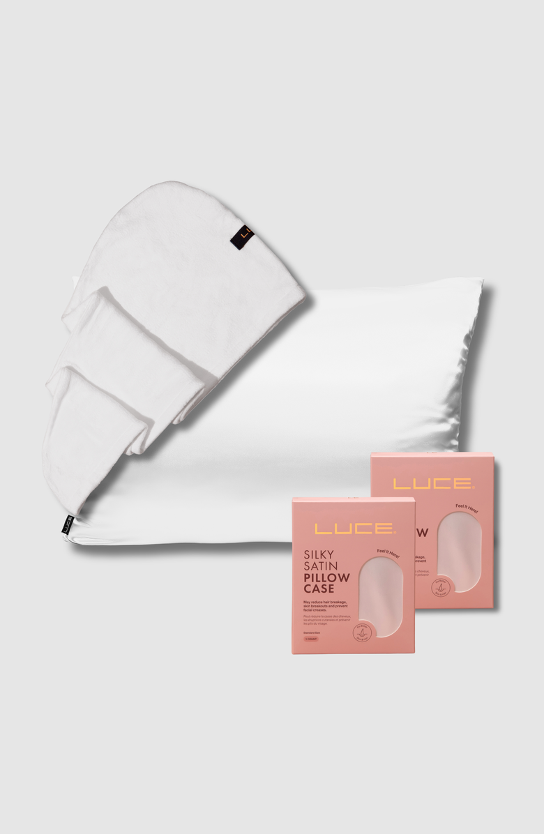 LUCE BEAUTY Silky Satin Pillowcases + Hair Towel Wrap, Main, color, White