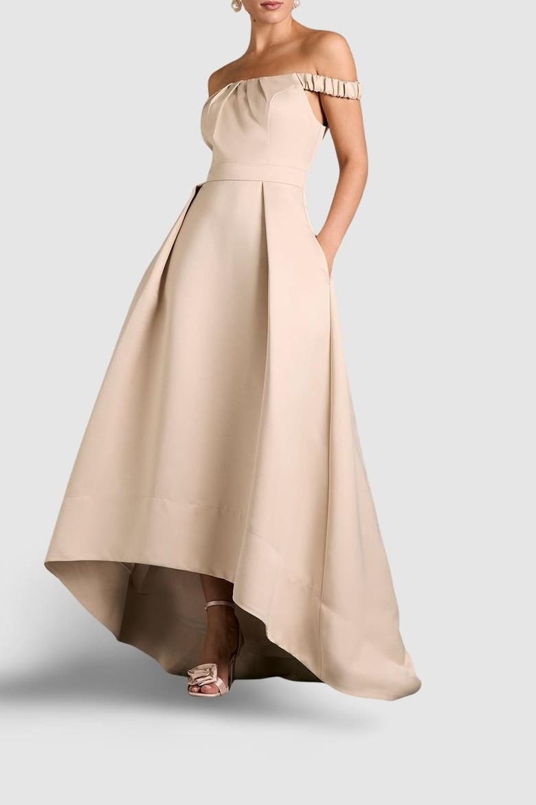 off the shoulder fit and flare maxi dress Off-the-shoulder fit and flare long sleeve ankle length dress Eggplant