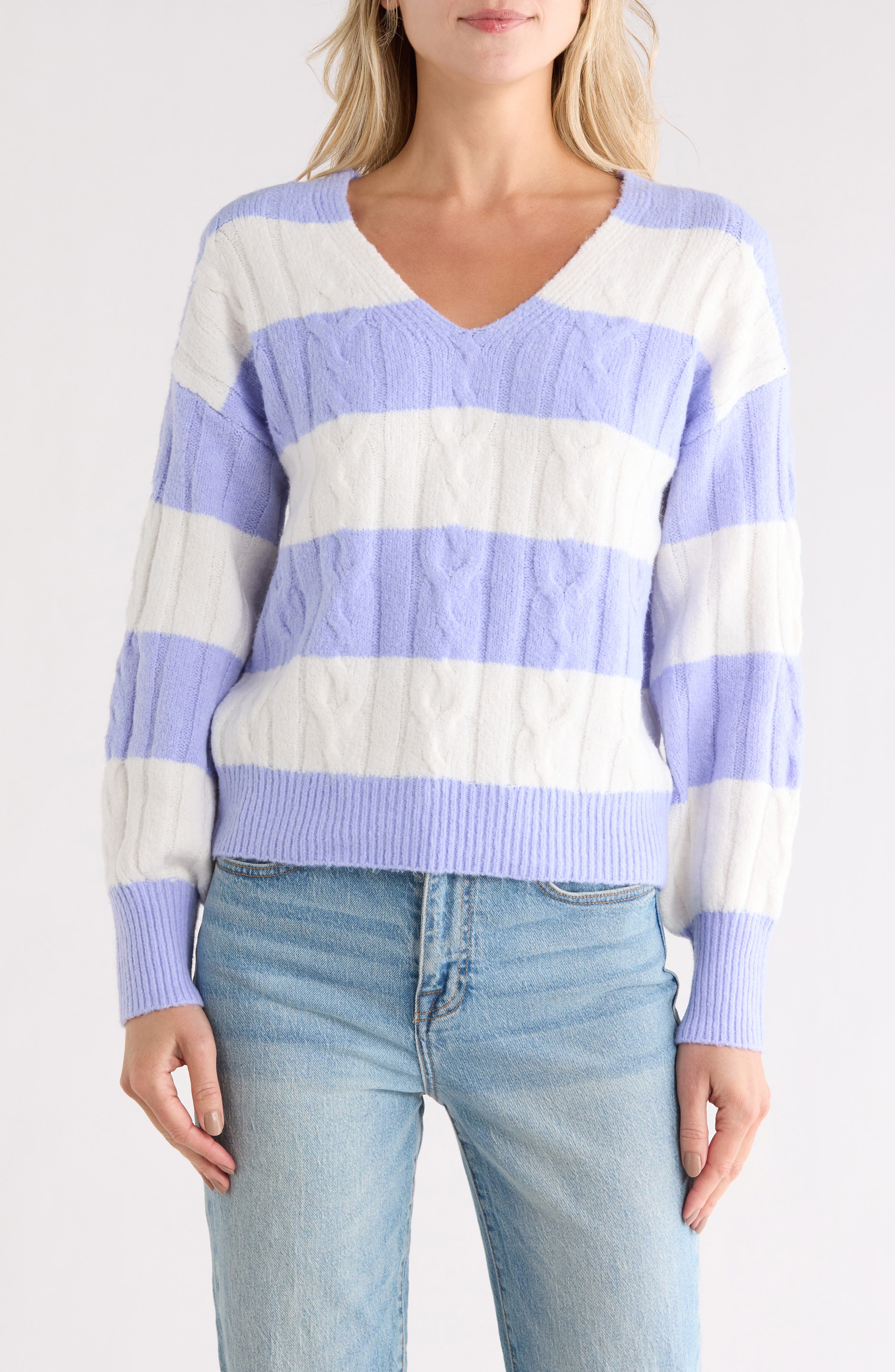 Madden Girl Rugby Stripe Cable Knit V-Neck Sweater