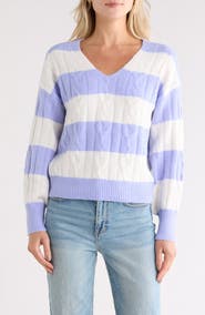 Madden Girl Rugby Stripe Cable Knit V-Neck Sweater