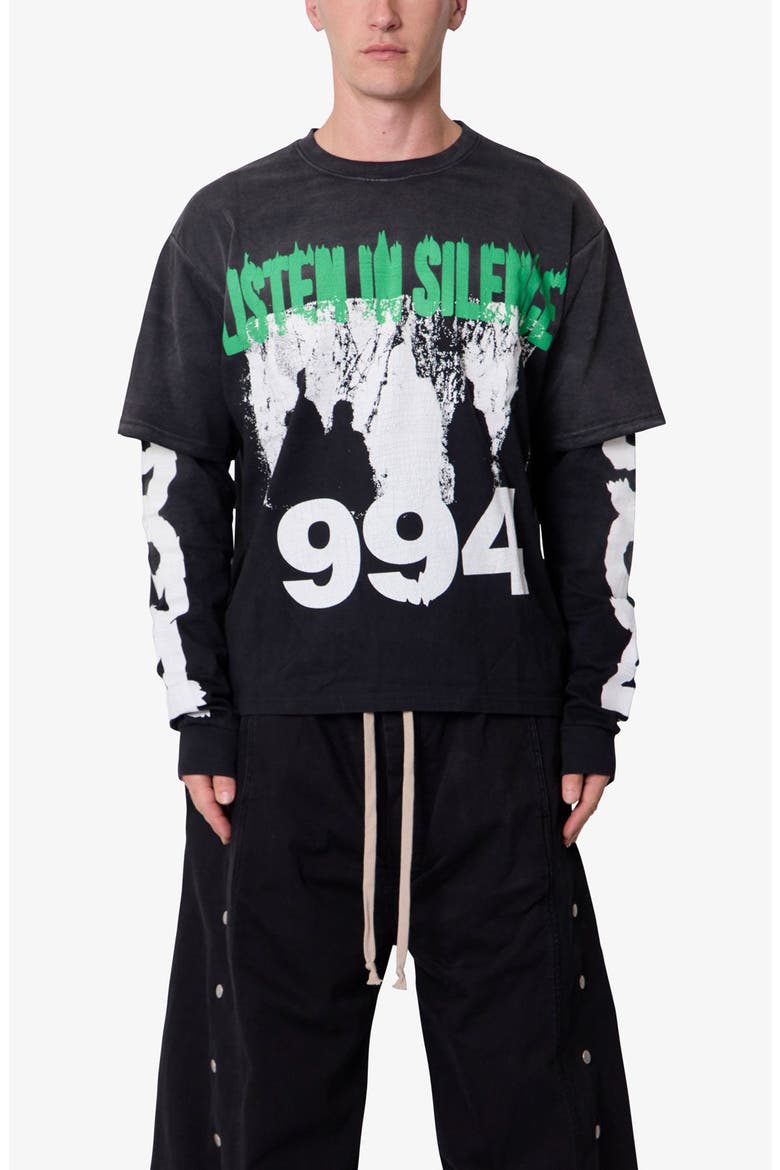 Listen In Silence Layered Graphic T-Shirt, Main, color, BLACK