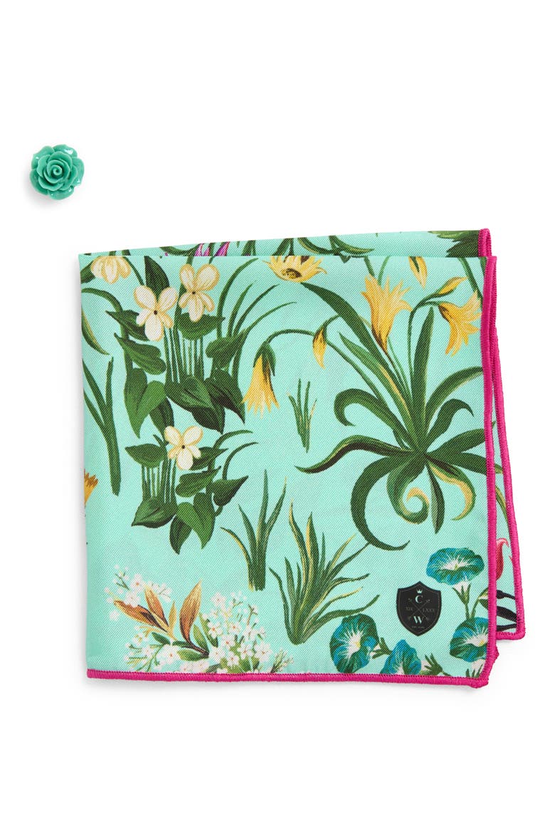 Teal Floral Silk Pocket Square, Main, color, TEAL
