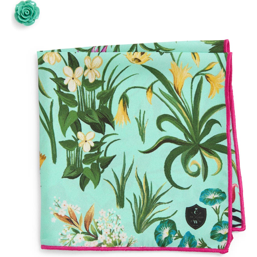 Clifton Wilson Teal Floral Silk Pocket Square