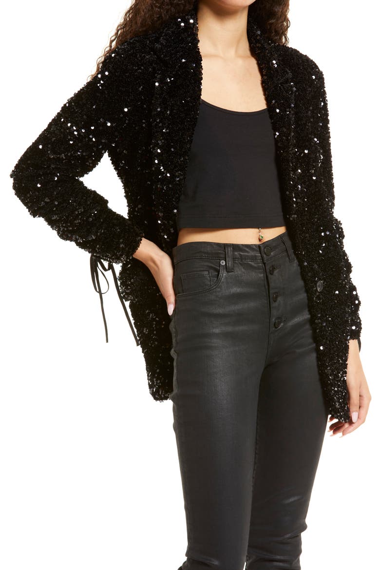 Sequin Ruched Sleeve Blazer, Main, color, BREAK THE BANK