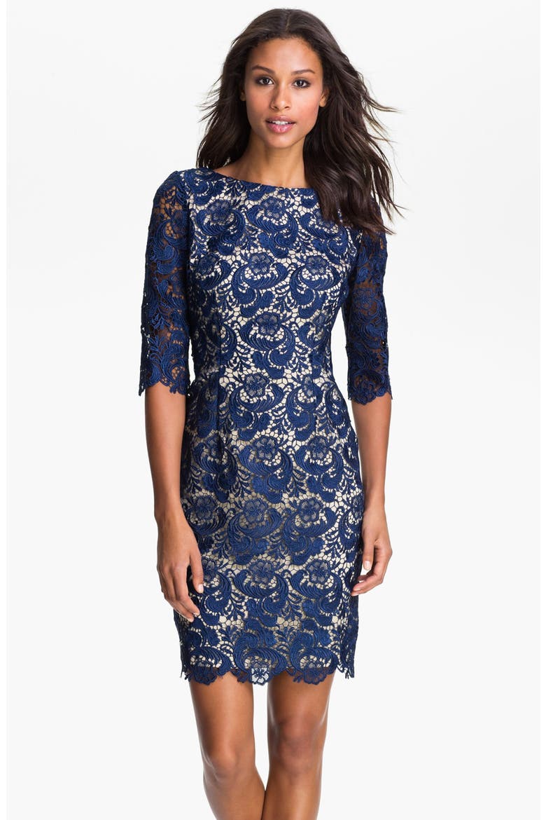 Embroidered Lace Overlay Sheath Dress, Main, color, NAVY