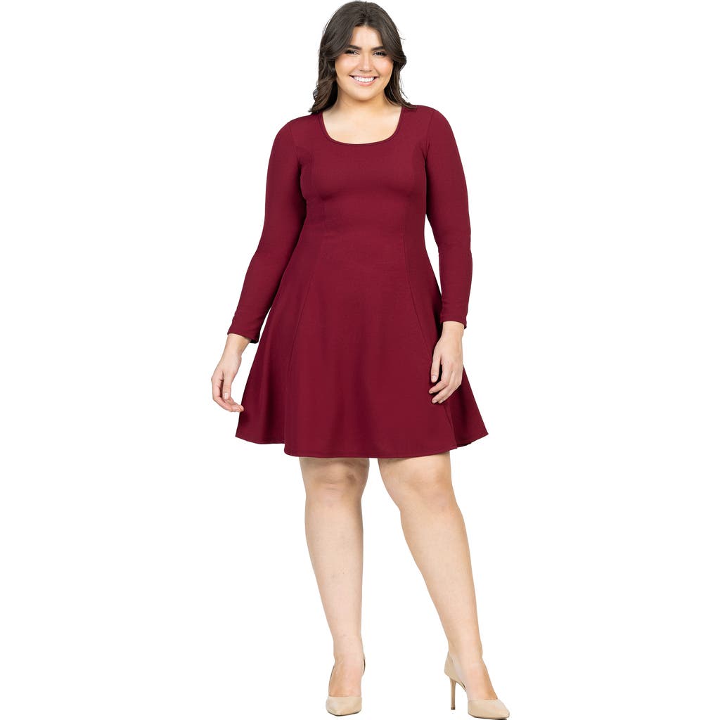 24seven Comfort Apparel Long Sleeve Knee Length Skater Dress In Burgundy
