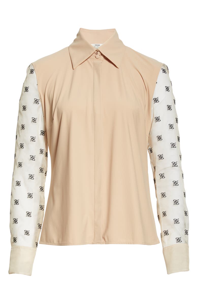 Fendi FF Karligraphy Embroidered Organza Sleeve Blouse, Alternate, color,
