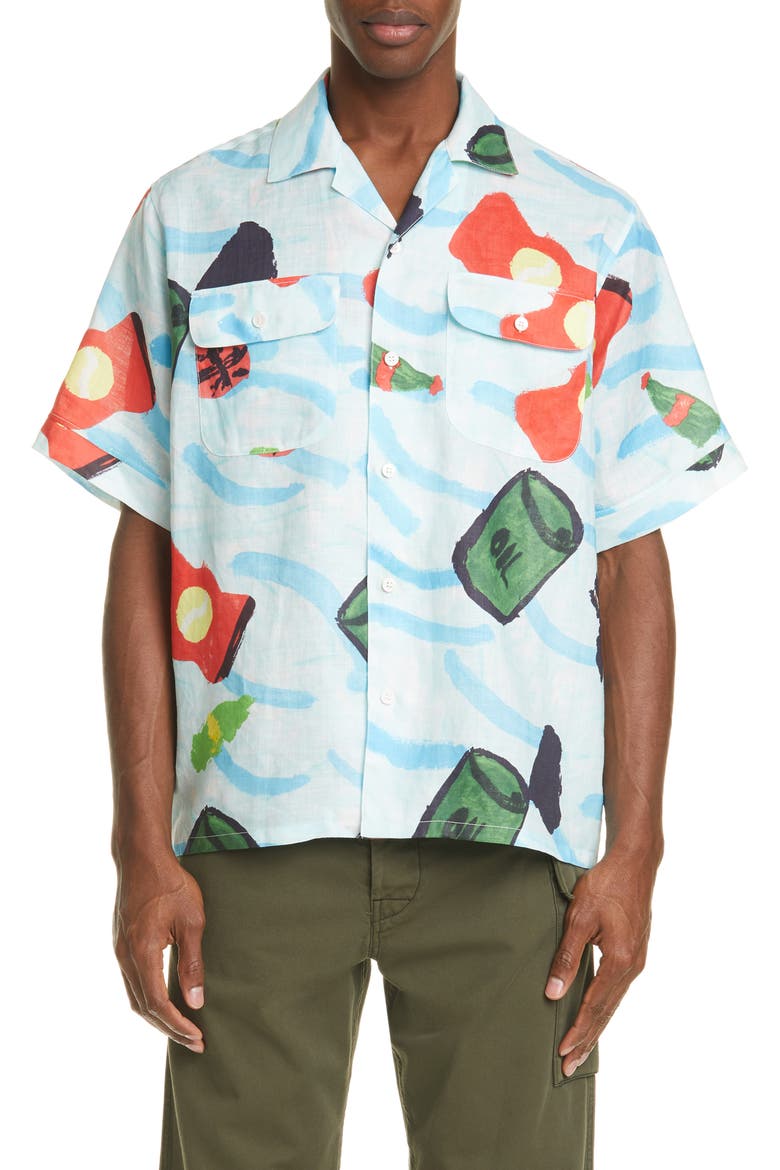 Waste Sea Print Short Sleeve Ramie Button-Up Shirt, Main, color, ARTIC PRINT