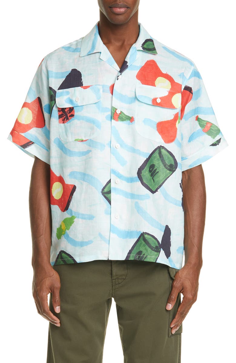 Marni Waste Sea Print Short Sleeve Ramie Button-Up Shirt, Main, color, 