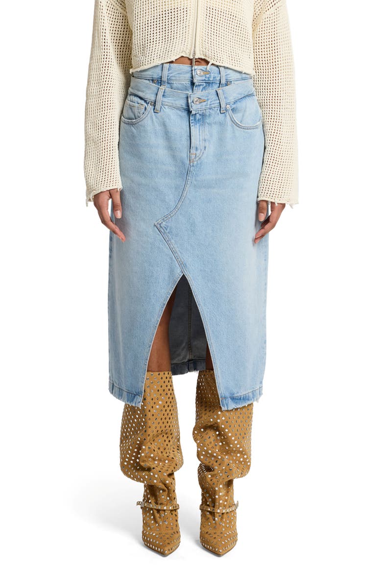 Double Waistband Denim Maxi Skirt, Alternate, color, BLEACH