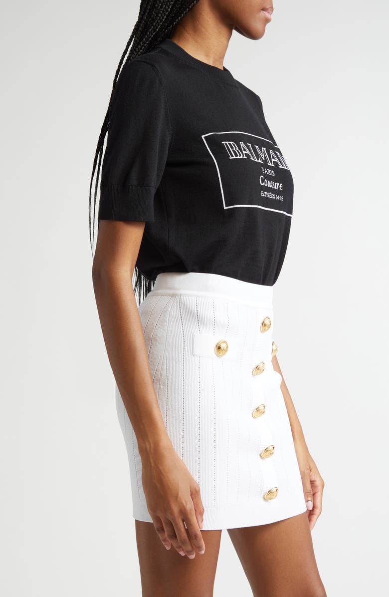 Balmain Logo Jacquard Short Sleeve Merino Wool Sweater, Alternate, color, 