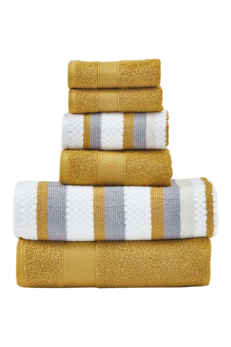 6-Piece Mixed Stripe & Solid Cotton Towel Set, Main, color, MUSTARD