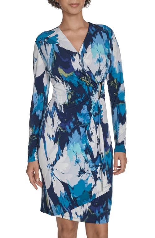 Calvin Klein Floral Long Sleeve Faux Wrap Dress In Blue
