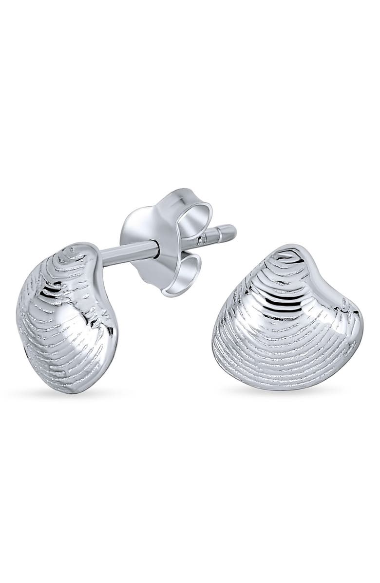 BLING JEWELRY Sterling Silver Nautical Beach Clamshell Stud Earrings, Alternate, color, Silver