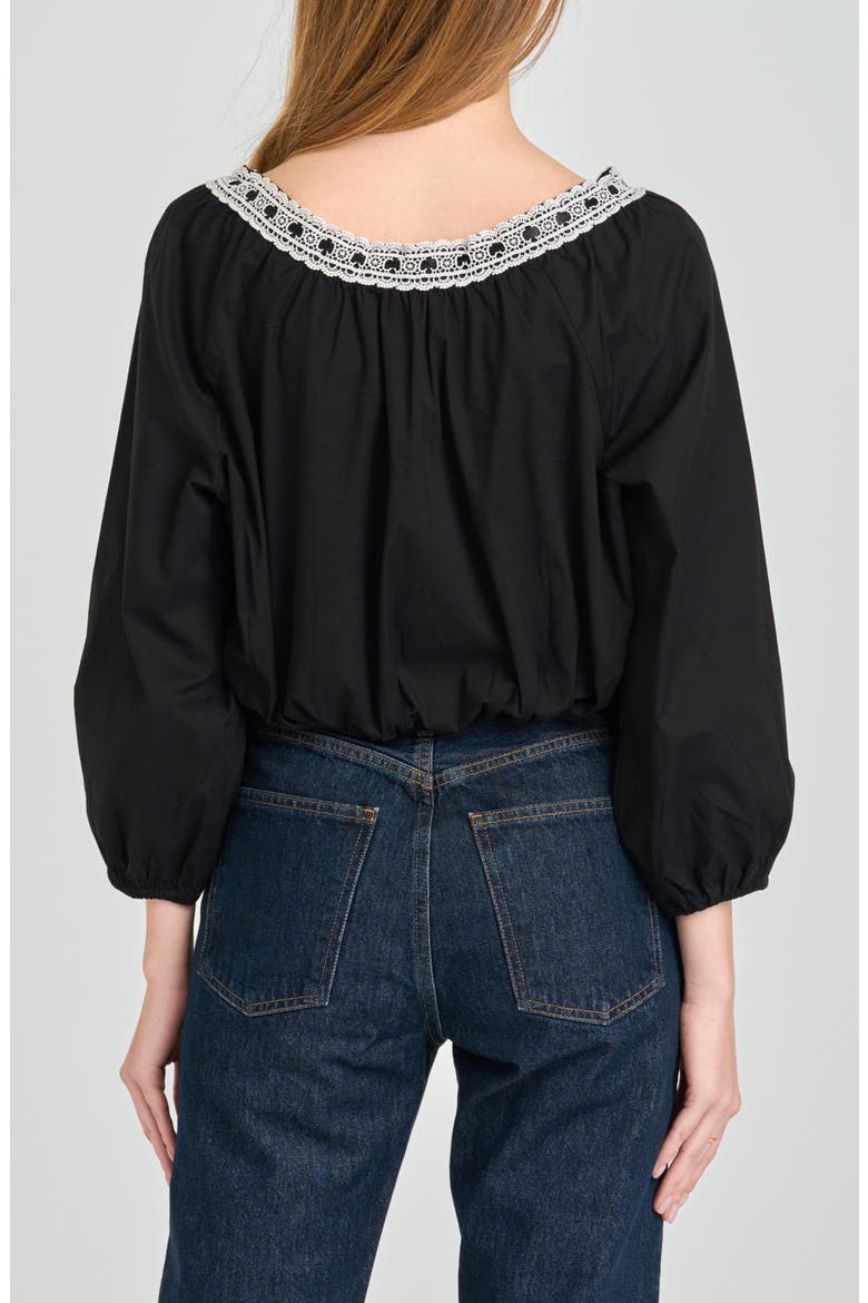 Mia Boho Lace Trim Gathered Stretch Cotton Top, Alternate, color, BLACK