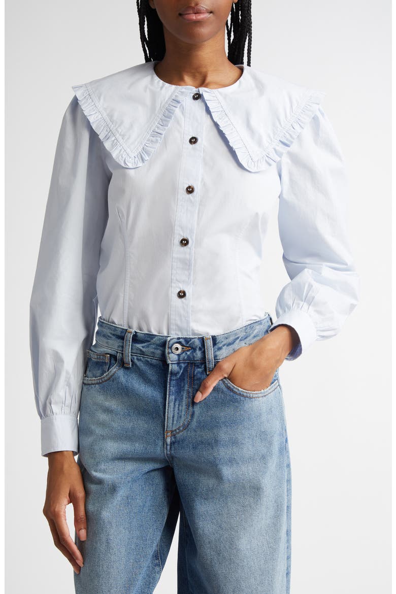 Organic Cotton Poplin Ruffle Peter Pan Collar Button-Up Shirt, Main, color, HEATHER