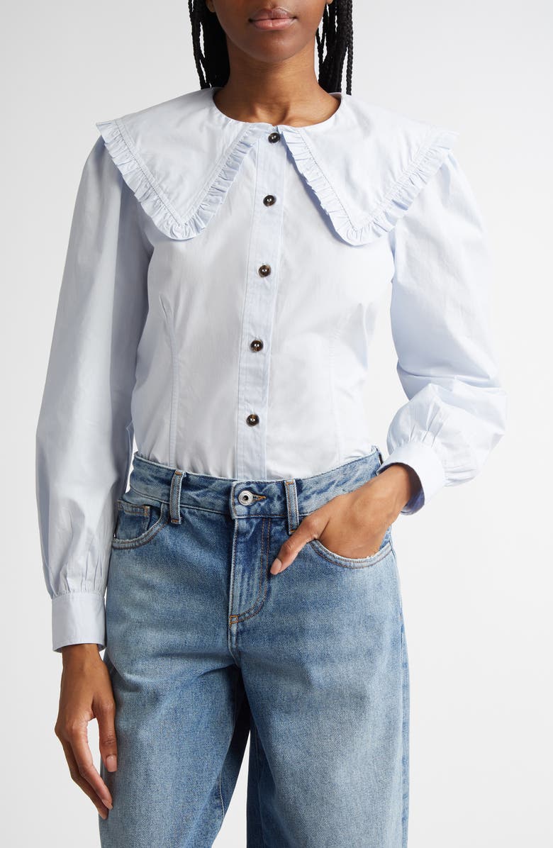 Ganni Organic Cotton Poplin Ruffle Peter Pan Collar Button-Up Shirt, Main, color,
