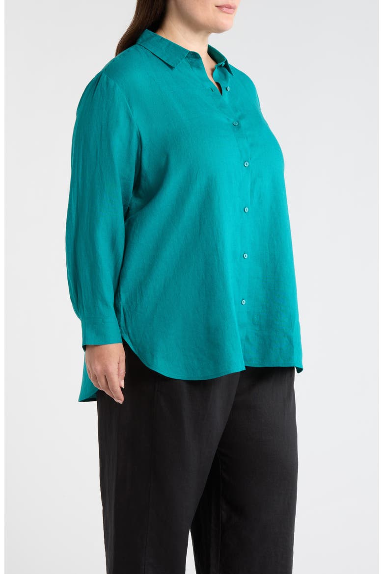 Classic Collar Organic Linen Long Button-Up Shirt, Alternate, color, TEAL