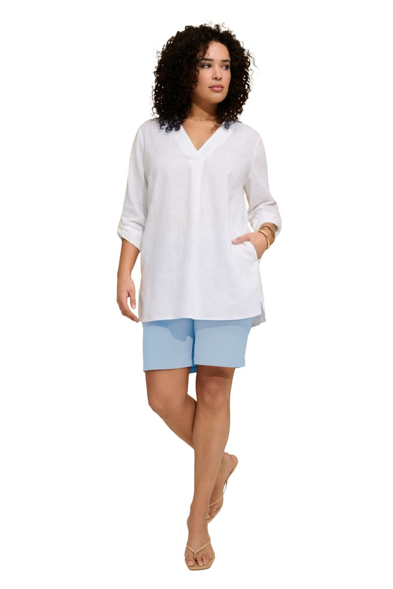 Plus Size Linen Blend Y Neck Roll Tab Sleeve Tunic, Main, color, WHITE
