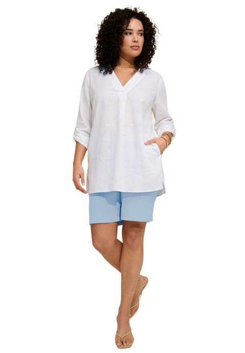 Plus Size Linen Blend Y Neck Roll Tab Sleeve Tunic