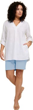 Roaman's Plus Size Linen Blend Y Neck Roll Tab Sleeve Tunic