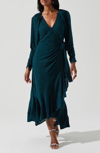Astr The Label Zenaida Long Sleeve Faux Wrap Dress In Green