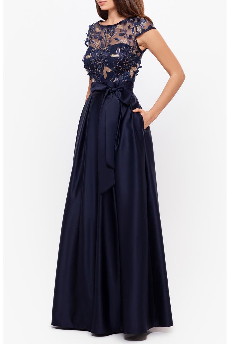 Xscape 3D Flower Bodice Satin Ballgown, Alternate, color, NAVY/ GOLD