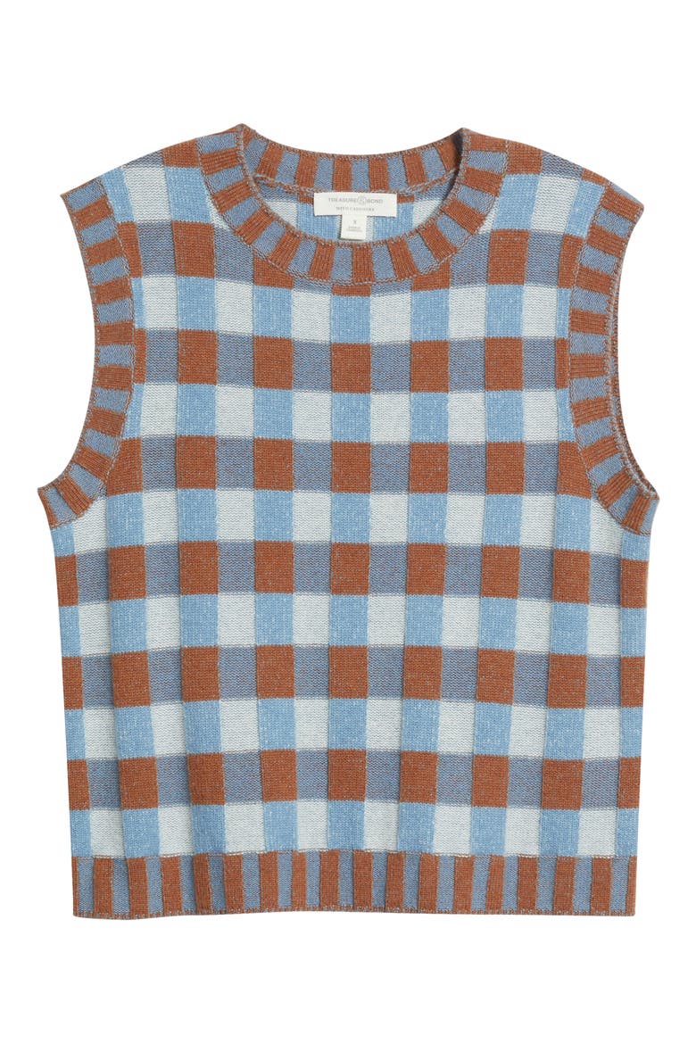 Gingham Check Wool & Cashmere Sweater Vest, Alternate, color, BLUE- BROWN CHECK